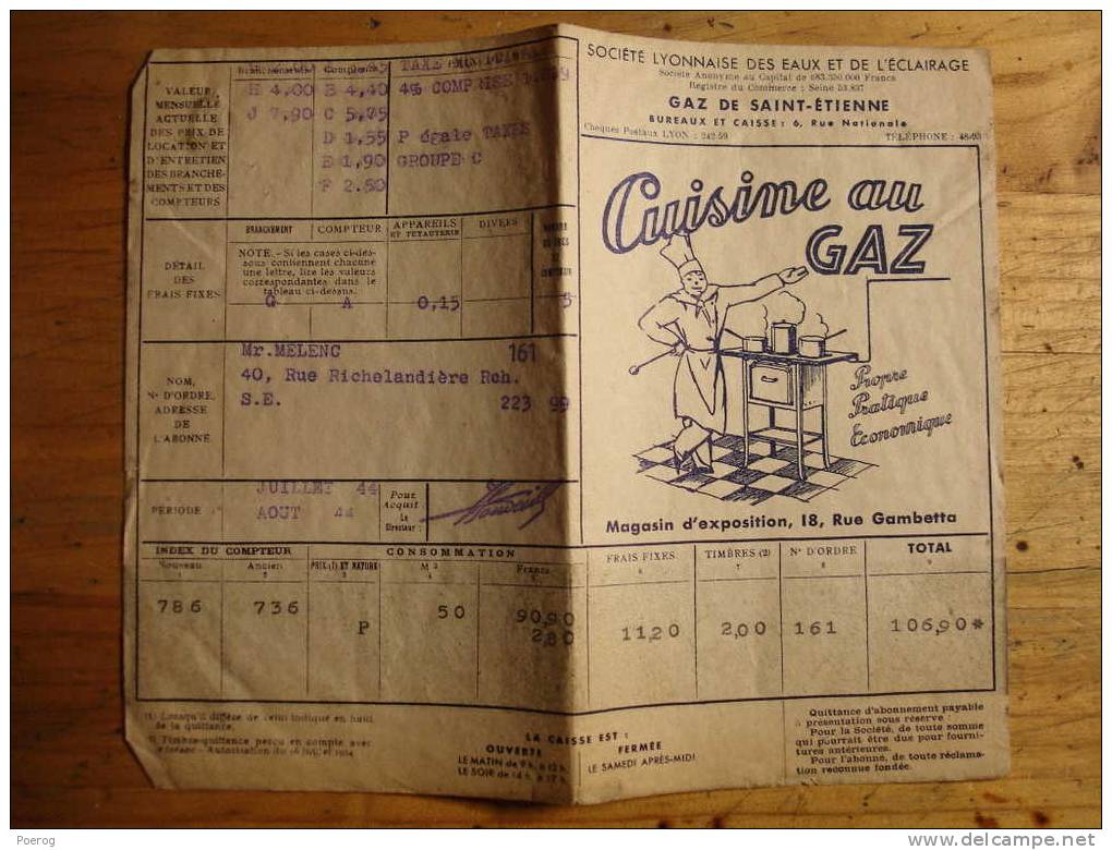 LOT DE 4 FACTURES DE GAZ DE SAINT ETIENNE ILLUSTREES - 1938 - 1944 - Electricidad & Gas