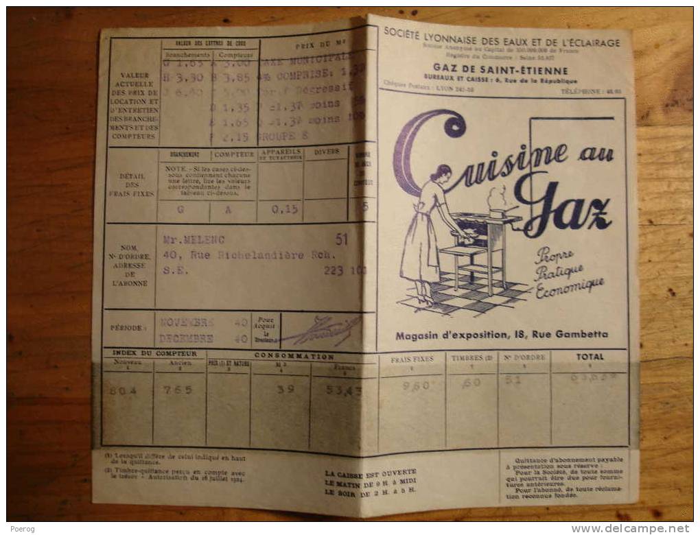 LOT DE 4 FACTURES DE GAZ DE SAINT ETIENNE ILLUSTREES - 1938 - 1944 - Elettricità & Gas