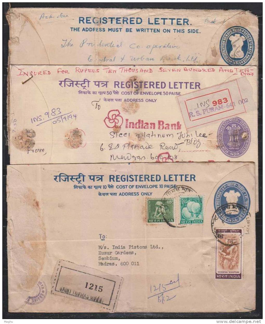 India Asoka PSE / Postal Stationery / Registered Letter / Envelope, 3 Diff., Used, As Scan - Enveloppes