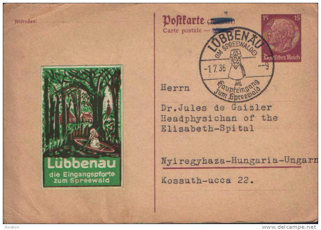 Germany- Postal Stationery Postcard Circulated In1936 From Lubbenau With Vignette - Briefe U. Dokumente