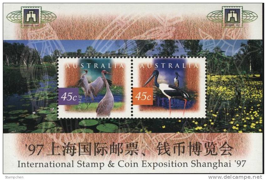 Australia 1997 Stamp & Coin Exp. Shanghai Stamps S/s Crane Bird Lotus Flower - Ungebraucht