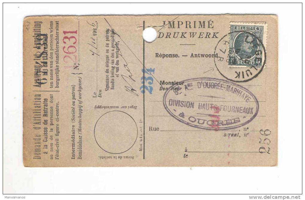 318/16 - IMPRIME Caisse De Retraite TP Houyoux  5 C  PERFORE LIEGE 1926 - Cachet Admin. Communale SAINT NICOLAS ( LIEGE) - 1909-34