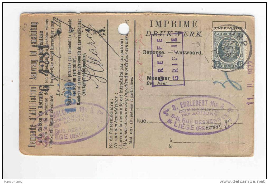 319/16 - IMPRIME Caisse De Retraite TP Houyoux  5 C  PERFORE ORP 1929 - Cachet Admin. Communale De NODUWEZ - 1909-34