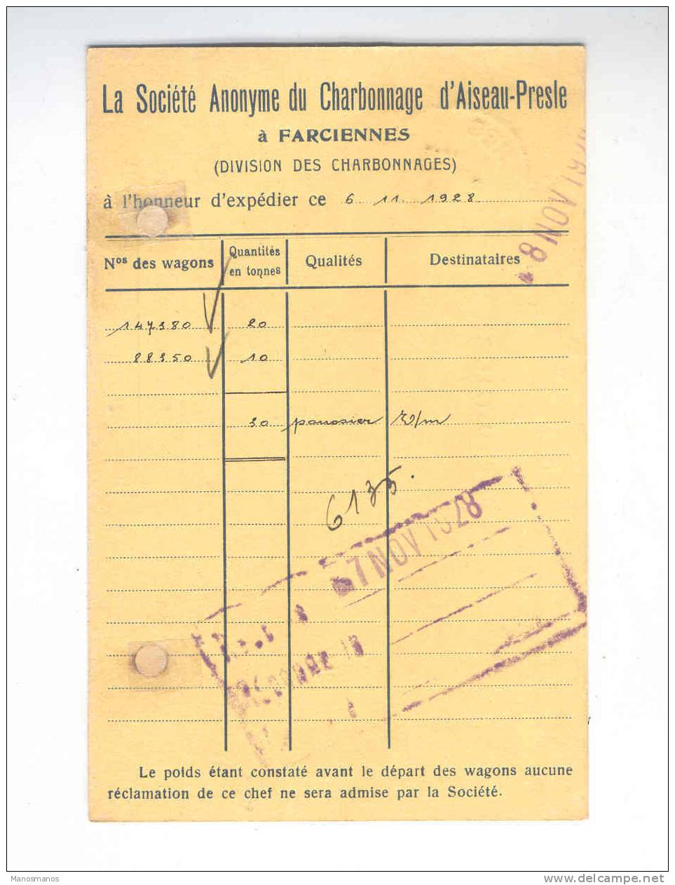 323/16 - Carte Privée TP Houyoux 35 C  PERFORE A.P. FARCIENNES 1928 - Entete Charbonnage D'AISEAU - PRESLE - 1909-34