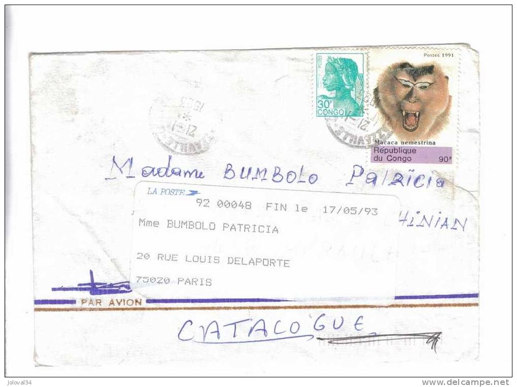 Lettre CONGO 1993 - Yvert  892 + 948E Singe - Oblitérés