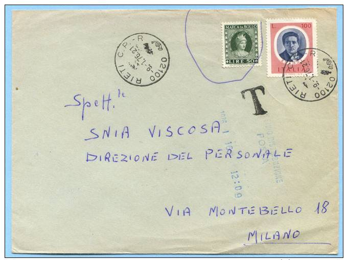 .STORIA POSTALE 1976 TASSAZIONE MECCANICA BLU L:100 BUSTA 13.1.76 MARCA DA BOLLO FRODE SCOPERT..VEDI DESCRIZIONE(DC2399) - 1971-80: Storia Postale