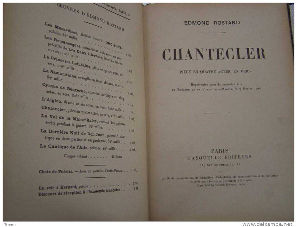 CHANTECLER-pièces En Quatre Actes En Vers De EDMOND ROSTAND-FASQUELLE EDITEURS PARIS-relié - Auteurs Français