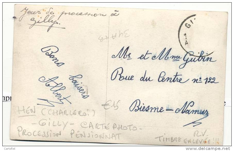 GILLY-CARTE PHOTO - PROCESSION PENSIONNAT-2 SCANS-TIMBRE ENLEVEE!! - Charleroi