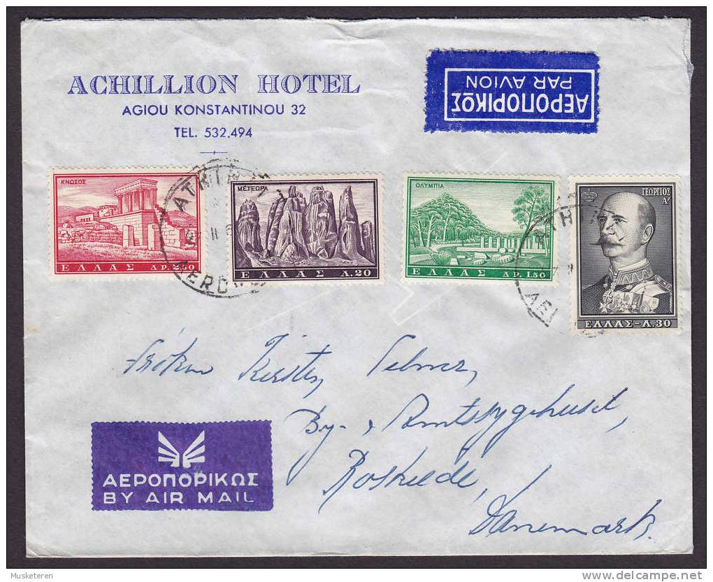 Greece Airmail Par Avion Label ACHILLION HOTEL Cachet ATHINAI  Cover To Roskilde Denmark - Brieven En Documenten