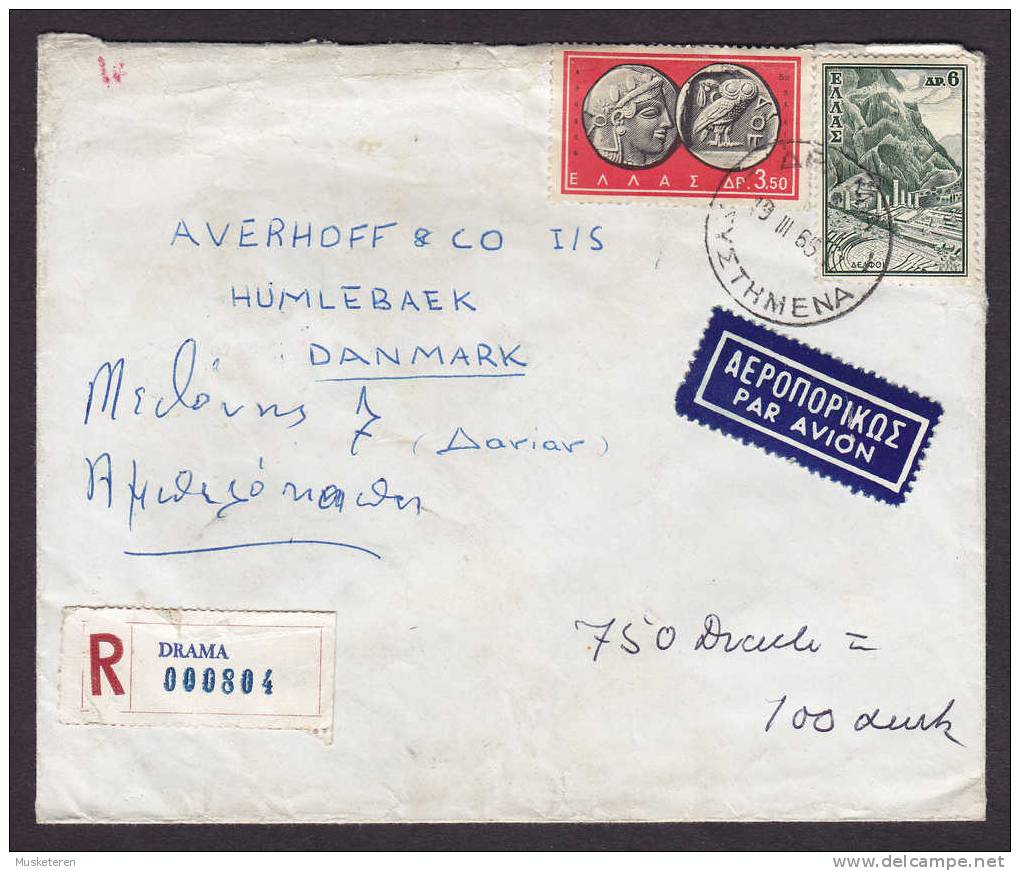 Greece Airmail Par Avion & Registered Label DRAMA 1965 Cover To Humlebæk Denmark - Cartas & Documentos