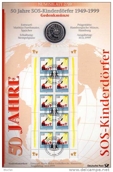 50 Jahre SOS Kinderdorf Deutschland Numisblatt NB2/1999 Mit KB 2062 SST 30€ Mutter Mit Kind Bf Document Sheet Of Germany - Andere & Zonder Classificatie