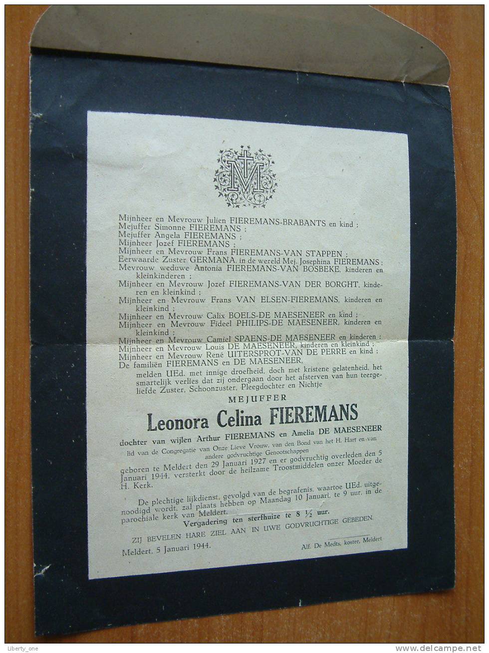 LEONORA CELINA FIEREMANS Overleden 5 Januari 1944 Te Meldert ( Doodsbrief / Nécrologie - Details Zie Foto ) !! - Autres & Non Classés