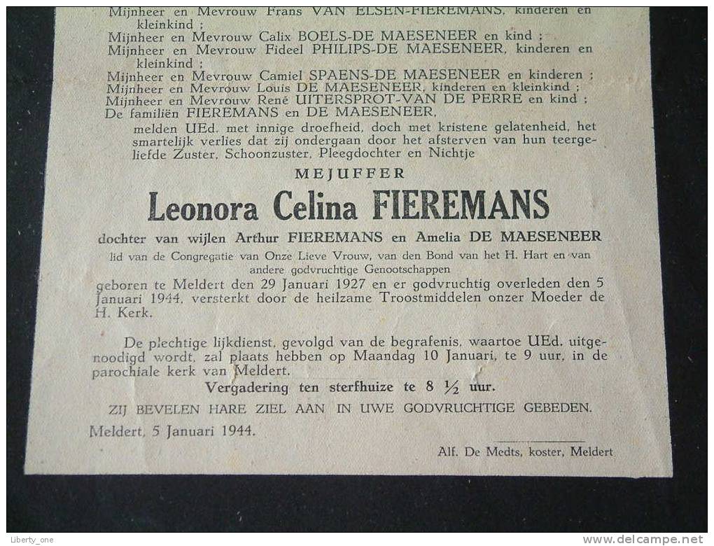 LEONORA CELINA FIEREMANS Overleden 5 Januari 1944 Te Meldert ( Doodsbrief / Nécrologie - Details Zie Foto ) !! - Autres & Non Classés