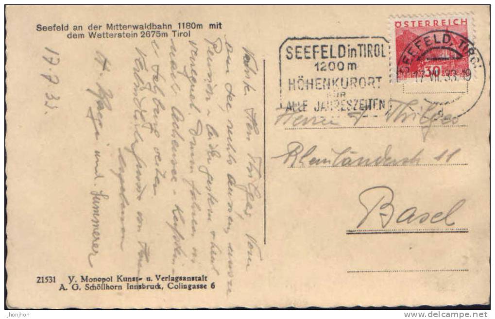 Austria- Postcard 1933-Seefeld 1180m  - 2/scans - Seefeld