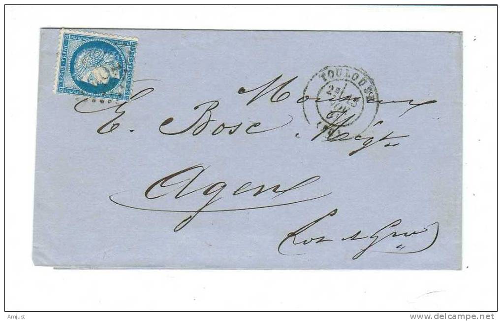 France,lettre Pour Agen Au Départ De Toulouse - 1871-1875 Cérès