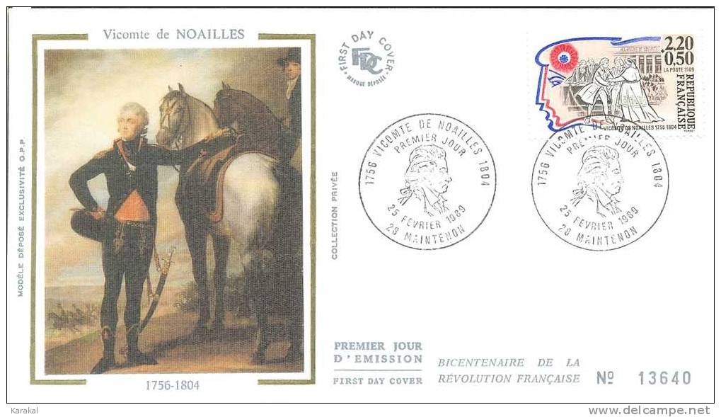 France 1989 Vicomte De Noailles Bicentenaire De La Révolution Française FDC Soie 25/02/1989 - French Revolution