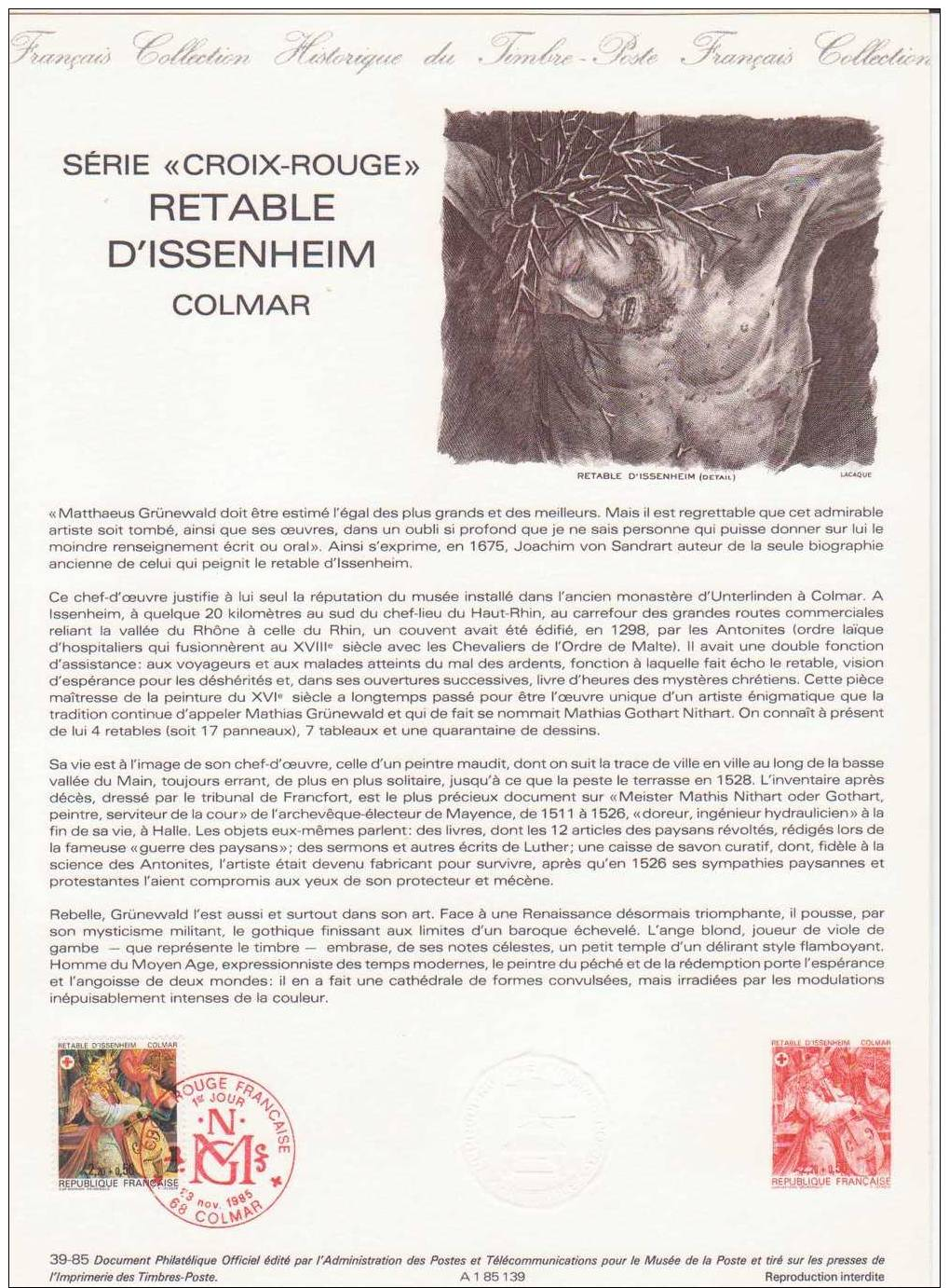 1er JOUR ANNEE 1985  -Série "CROIX ROUGE" RETABLE D'ISSENHEIM COLMAR - Andere & Zonder Classificatie