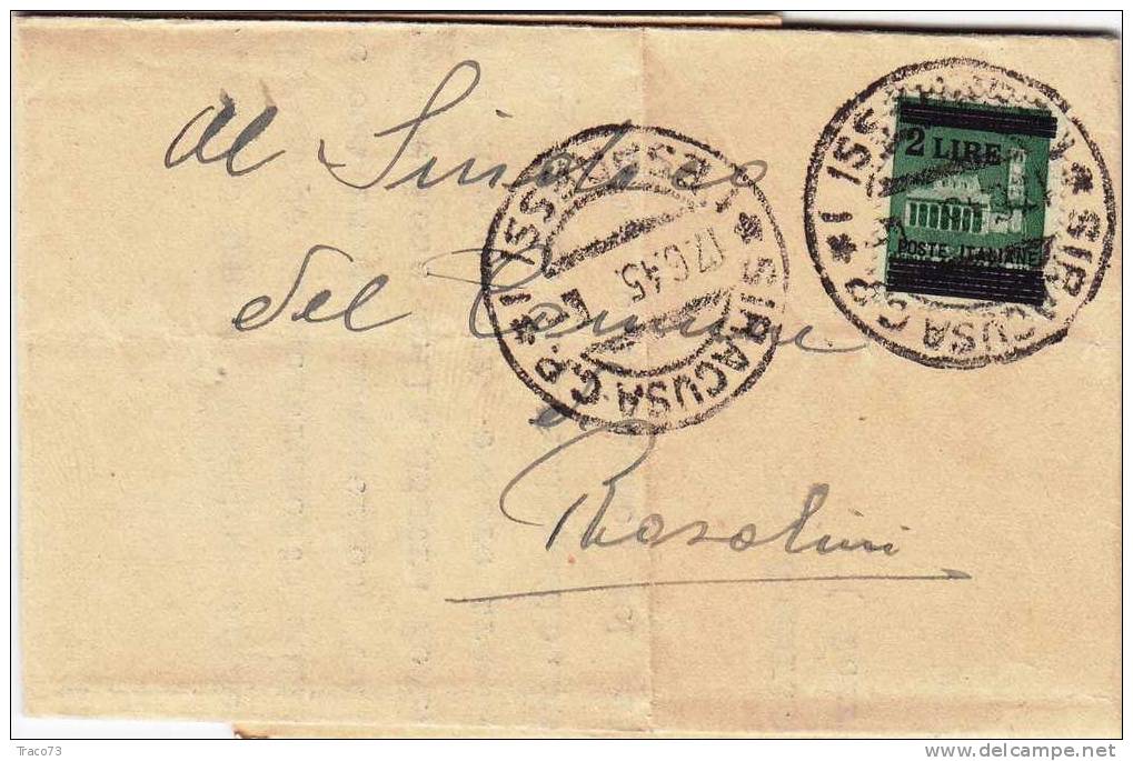 SIRACUSA  /   ROSOLINI -   Piego  17.06.1945 -  "Associazione Garibaldini Partigiani" - Lire 2 - Marcophilia