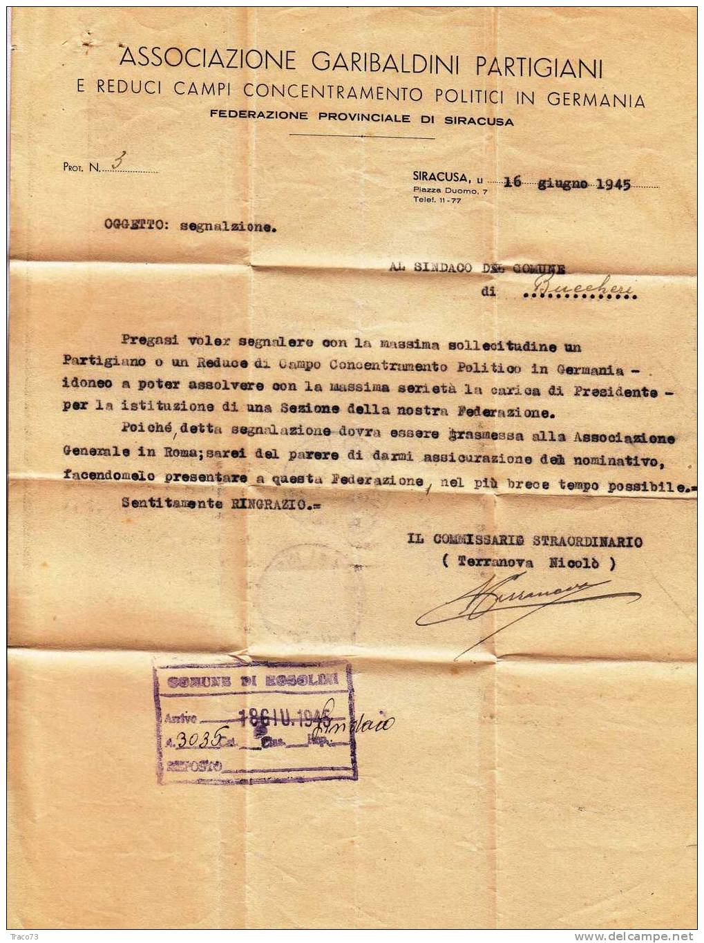 SIRACUSA  /   ROSOLINI -   Piego  17.06.1945 -  "Associazione Garibaldini Partigiani" - Lire 2 - Marcophilia