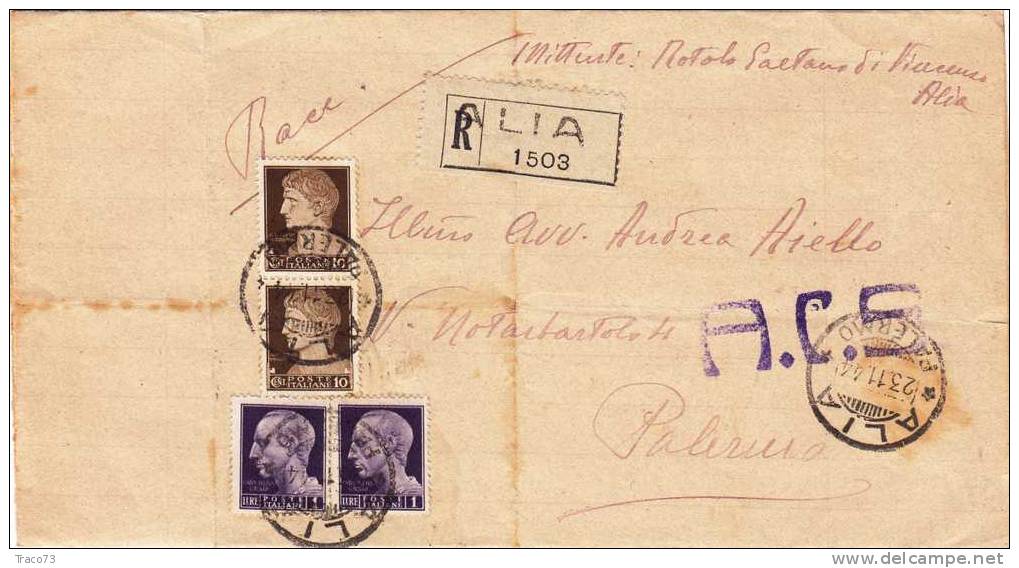 ALIA   /  PALERMO   -  Piego  Raccomandata  -   23.11.1944  - "A.C.S." - Imperiale Cent. 10 X 2 + Lire 1 X 2 Senza Fasci - Marcophilie