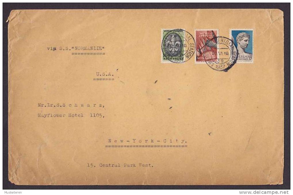 Netherlands Ships Mail Schiffspost S.S. NORMANDIE Amsterdam Central Station Cover 1937 United States Pfadfinder Scouts - Covers & Documents