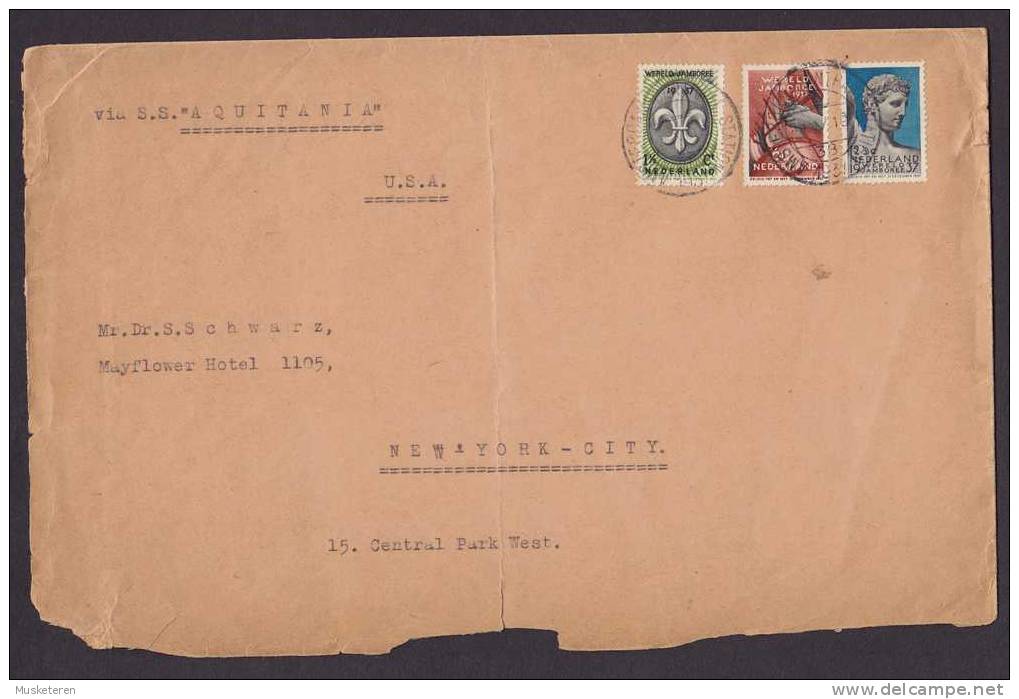 Netherlands Ships Mail Schiffspost S.S. AQUITANIA Amsterdam Central Station Cover 1937 United States Pfadfinder Scouts - Lettres & Documents