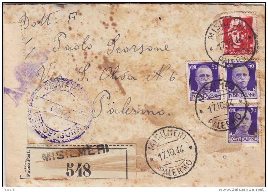 MISILMERI / PALERMO - Lettera 17.10.1944 - " Verificato Per Censura "Scritto All'interno - Imper. Lire 2 + Cent. 50 X 3 - Marcophilia