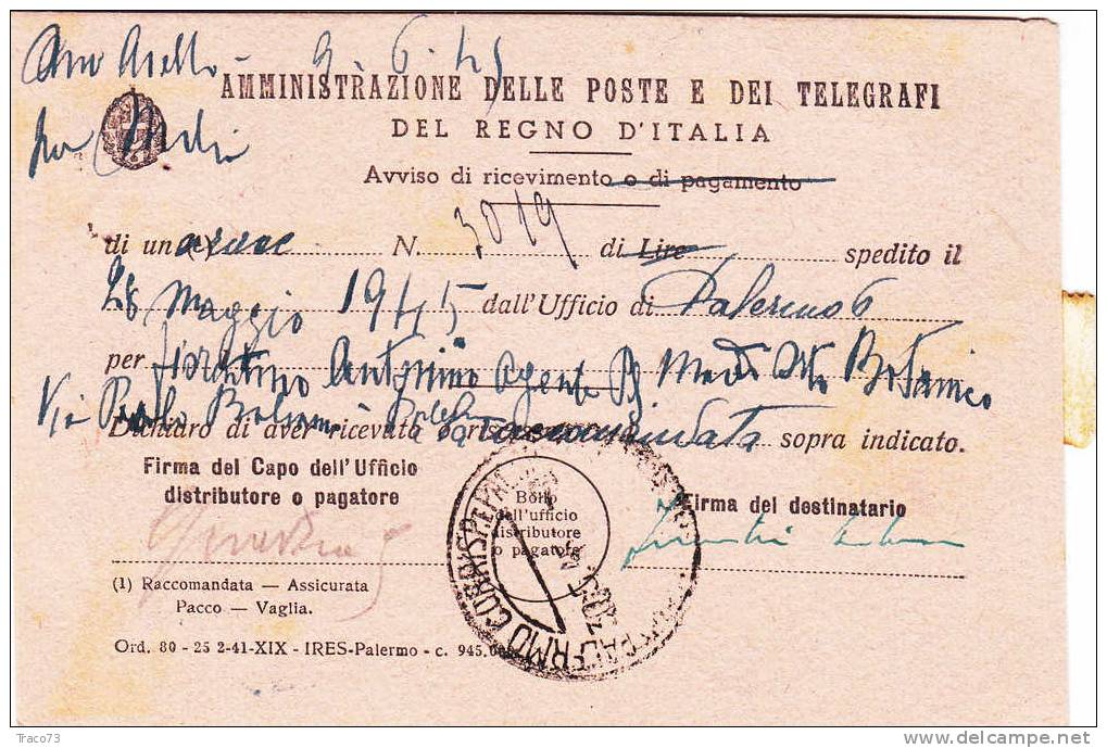 PALERMO / Città   - Avviso Di Ricevimento -   30.05.1945 -  Imperiale Senza Fasci  Lire 1 X 2 - Marcophilia