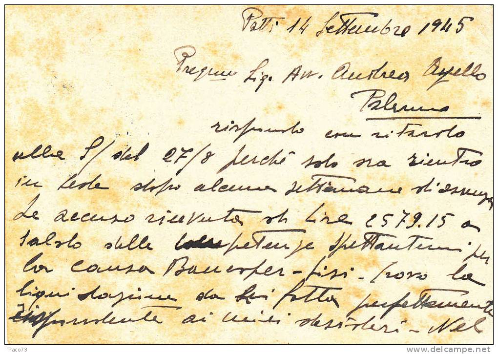 PATTI  -  PALERMO   - Card / Cartolina  -  14.09.1945 -  "Avv. Fortunato Gugliotta" - Monum. Distr.  Lire 1,20 - Marcophilie