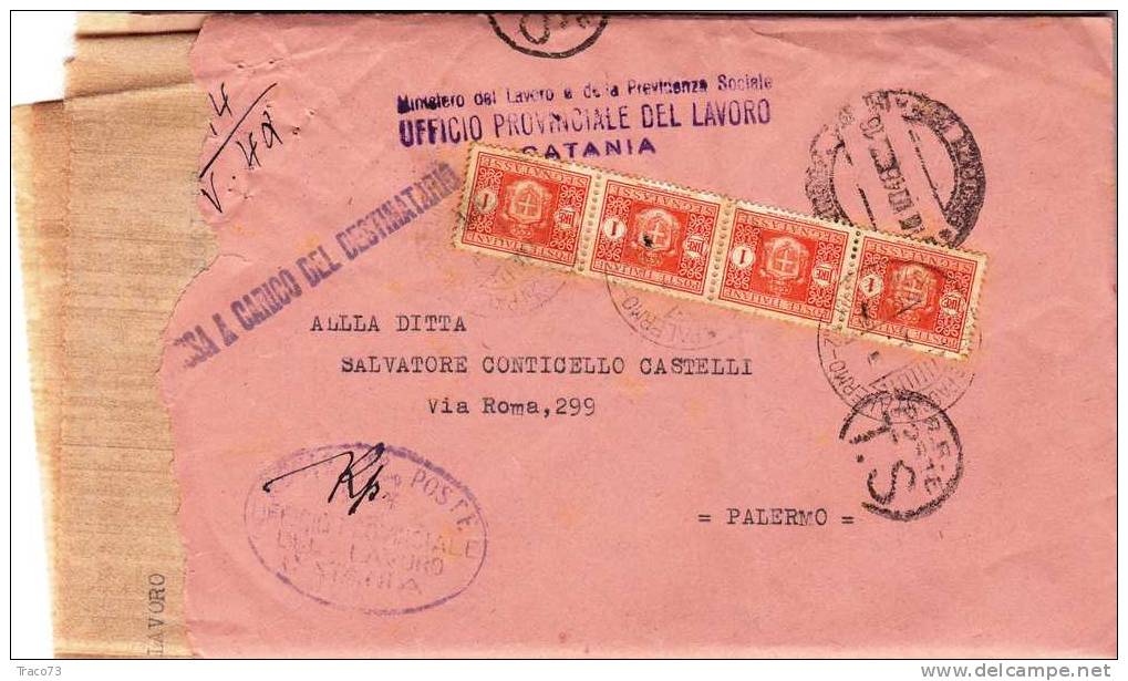 CATANIA  - PALERMO - Cover / Lettera  - 10.10.1946 -  "Scritto All'interno" - Segnatasse Lire 1 X 4 - Marcophilia