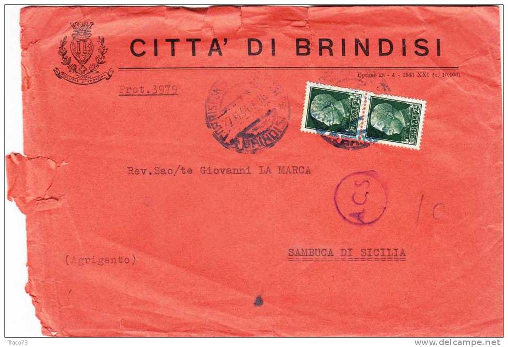 BRINDISI  - SAMBUCA DI SIC. - Cover / Lettera  - 27.06.1944 -  Imperiale  Cent. 25 X 2 - Marcophilia