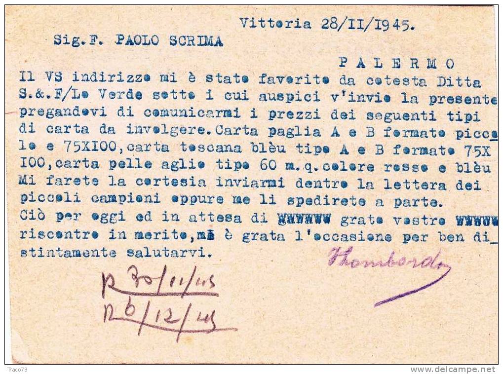 VITTORIA  - PALERMO - Card / Cartolina Pubblicitaria  - 29.11.1945 - Imp. Cent. 20 + Lire 1 Senza Fasci - Marcophilia