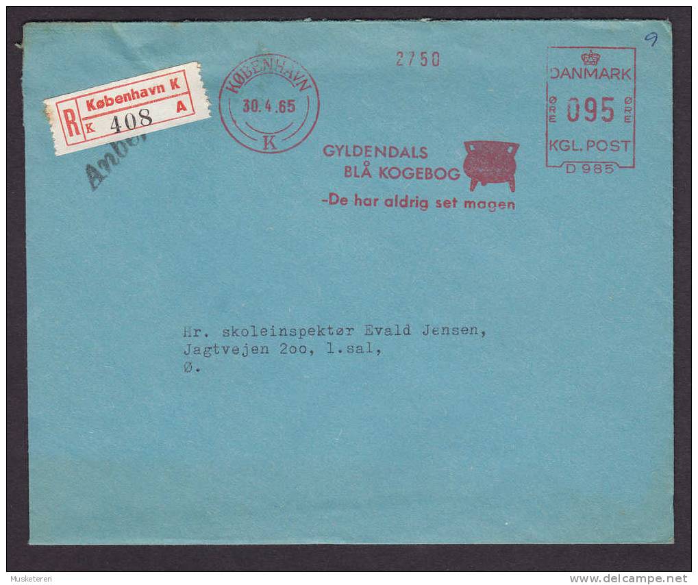 Denmark Registered Label København K. ATM Cancel  D 985 Gyldendals Blå Kogebog Meter Stamp Cancel Cover 1965 - Maschinenstempel (EMA)