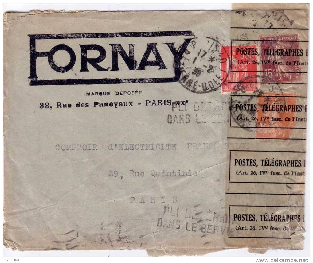 PLI DETERIORE DANS LE SERVICE-BANDE DES PTT POUR FERMETURE- DE PARIS 1-2-1930. - Lettere Accidentate