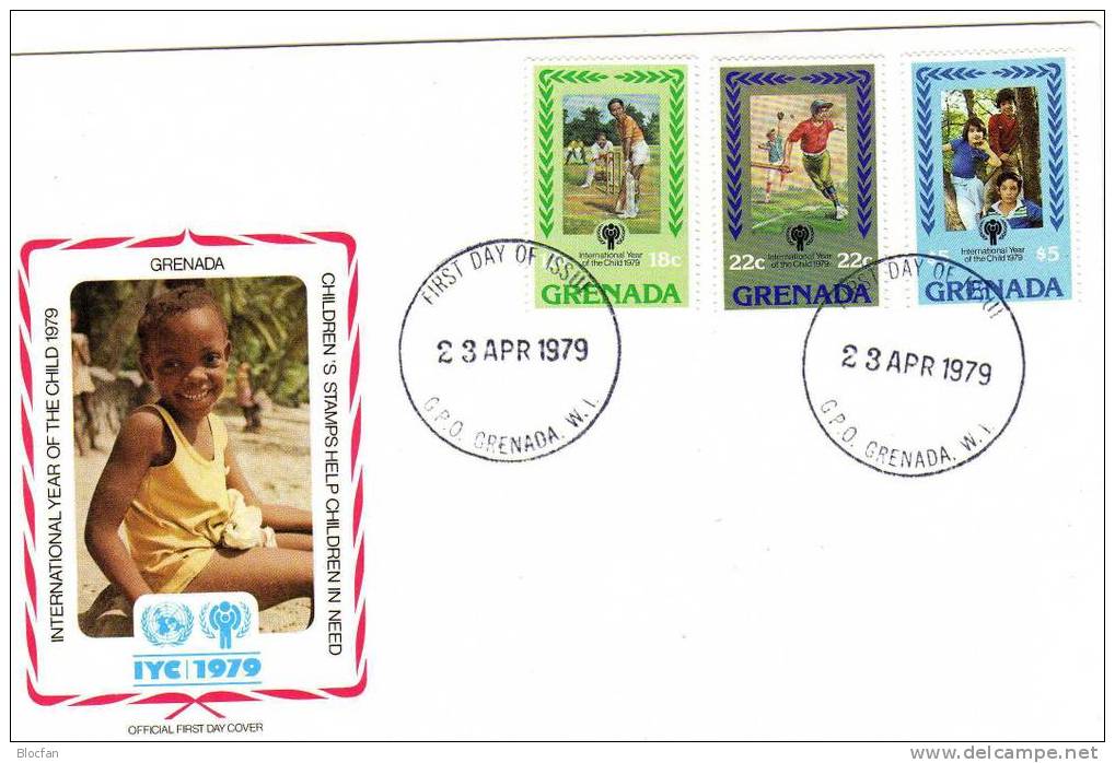 UNO-Jahr Des Kindes 1979 Grenada 963/5+Block 82 FDC 19€ Kinder Beim Spiel Baseball Cricket UNICEF Sheet Cover Bf America - Grenade (1974-...)