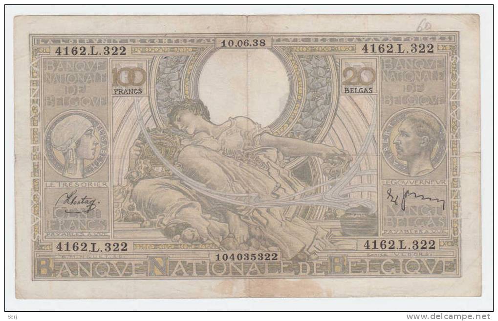 Belgium BELGIQUE 100 Francs (20 Belgas) 10-06-1938  P 107 - 100 Francs & 100 Francs-20 Belgas