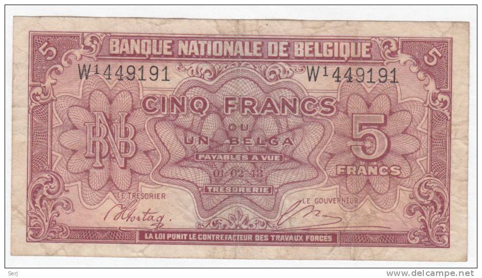 BELGIUM BELGIQUE 5 FRANCS 1943 P 121 - 5 Francs-1 Belga