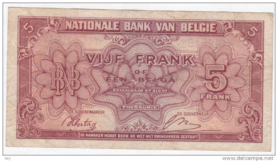 BELGIUM BELGIQUE 5 FRANCS 1943 P 121 - 5 Franchi-1 Belga