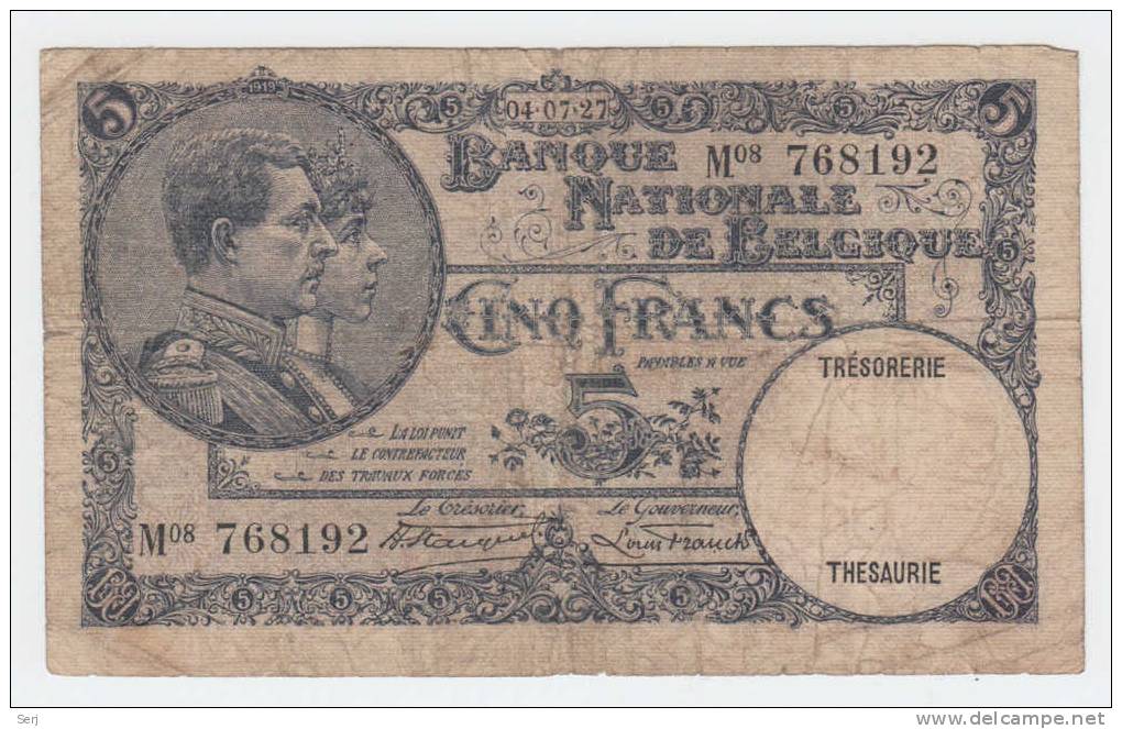 Belgium BELGIQUE 5 Francs 04-07-1927 RARE Banknote P 97b  97 B - 5 Francos