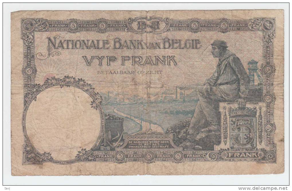 Belgium BELGIQUE 5 Francs 04-07-1927 RARE Banknote P 97b  97 B - 5 Franchi