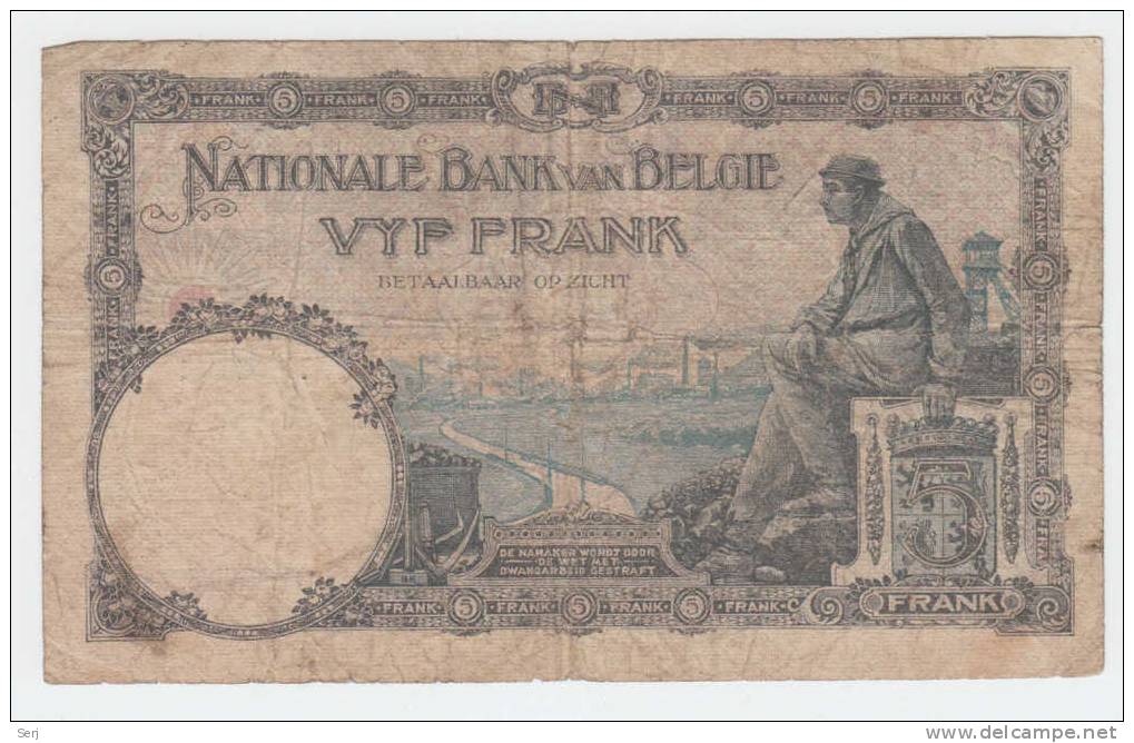 Belgium BELGIQUE 5 Francs 04-07-1927 RARE Banknote P 97b  97 B - 5 Francs