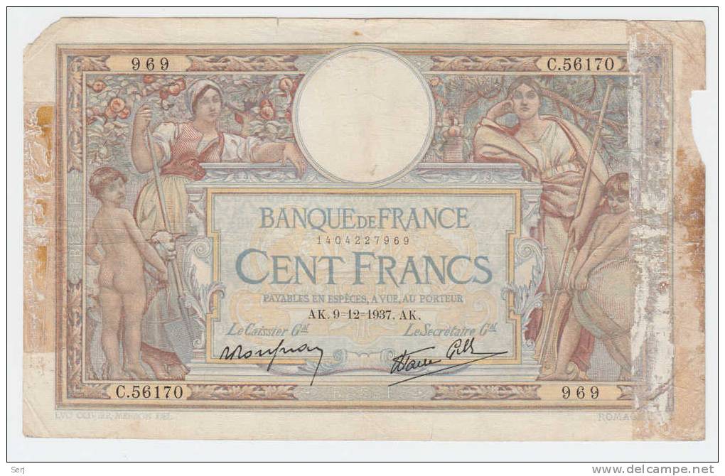 FRANCE 100 Francs 1937 P 78 - 100 F 1908-1939 ''Luc Olivier Merson''