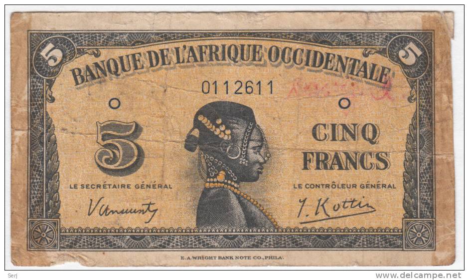 French West Africa ( L'Afrique Occidentale ) 5 Francs 1942 P 28a 28 A - Other - Africa