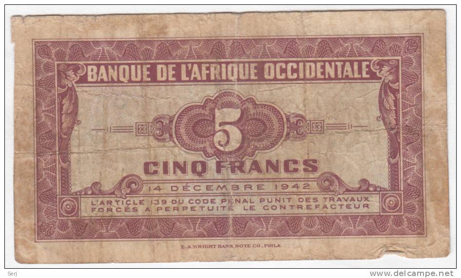 French West Africa ( L'Afrique Occidentale ) 5 Francs 1942 P 28a 28 A - Other - Africa
