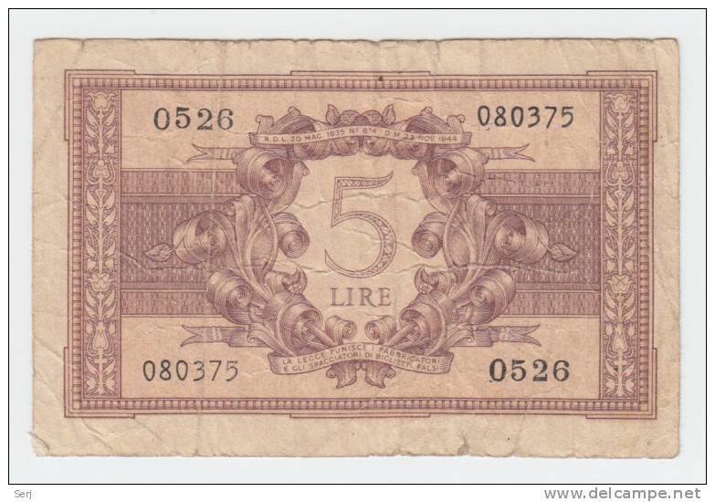 ITALY 5 Lire 1944 P 31c 31 C - Italia – 5 Lire