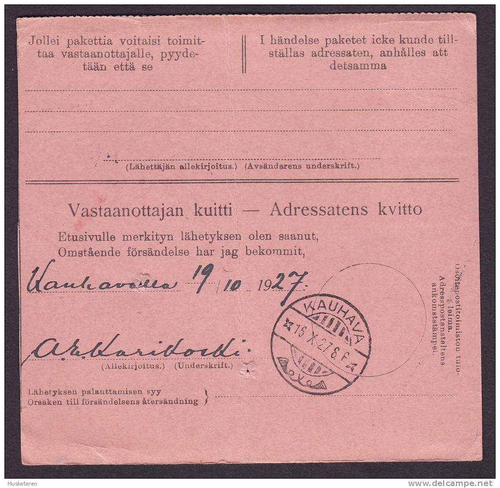 Finland Address Card Freight Bill Remboursement HELSINKI 1927 To KAUHAVA (2 Scans) - Briefe U. Dokumente