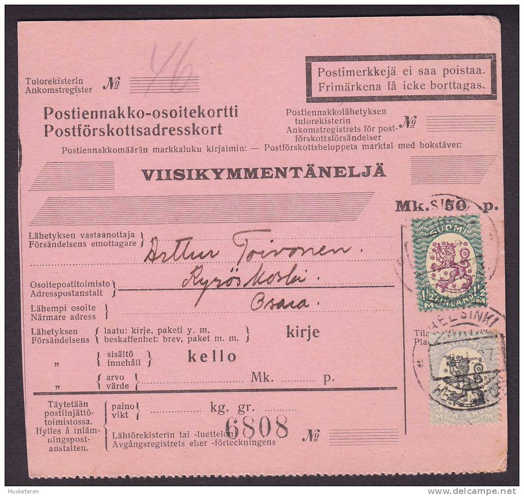 Finland Address Card Freight Bill Remboursement HELSINKI 1927 To KYRÖSKOSKI (2 Scans) - Covers & Documents