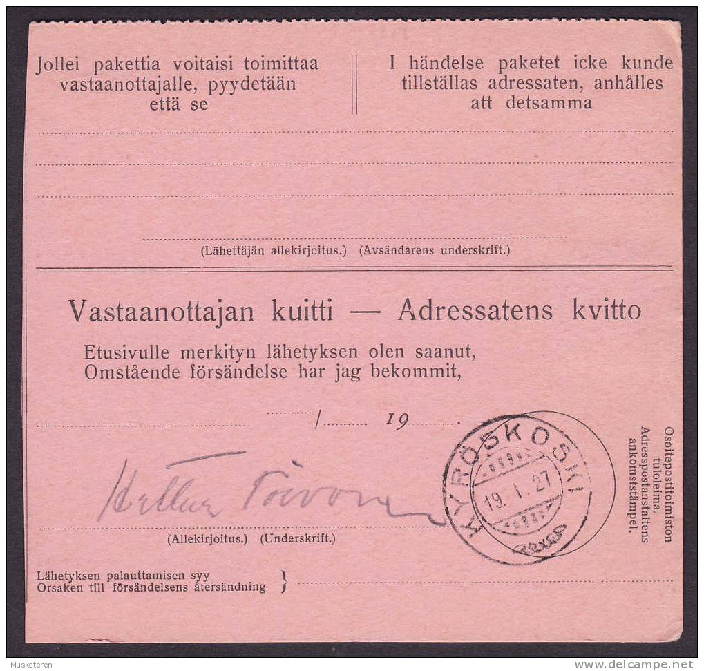 Finland Address Card Freight Bill Remboursement HELSINKI 1927 To KYRÖSKOSKI (2 Scans) - Brieven En Documenten