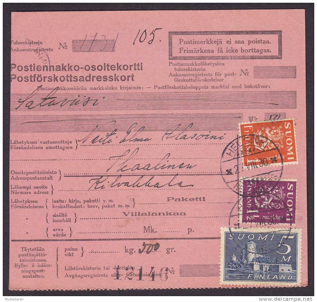 Finland Address Card Freight Bill Remboursement HELSINKI 1930 To IKAALINEN (2 Scans) - Lettres & Documents