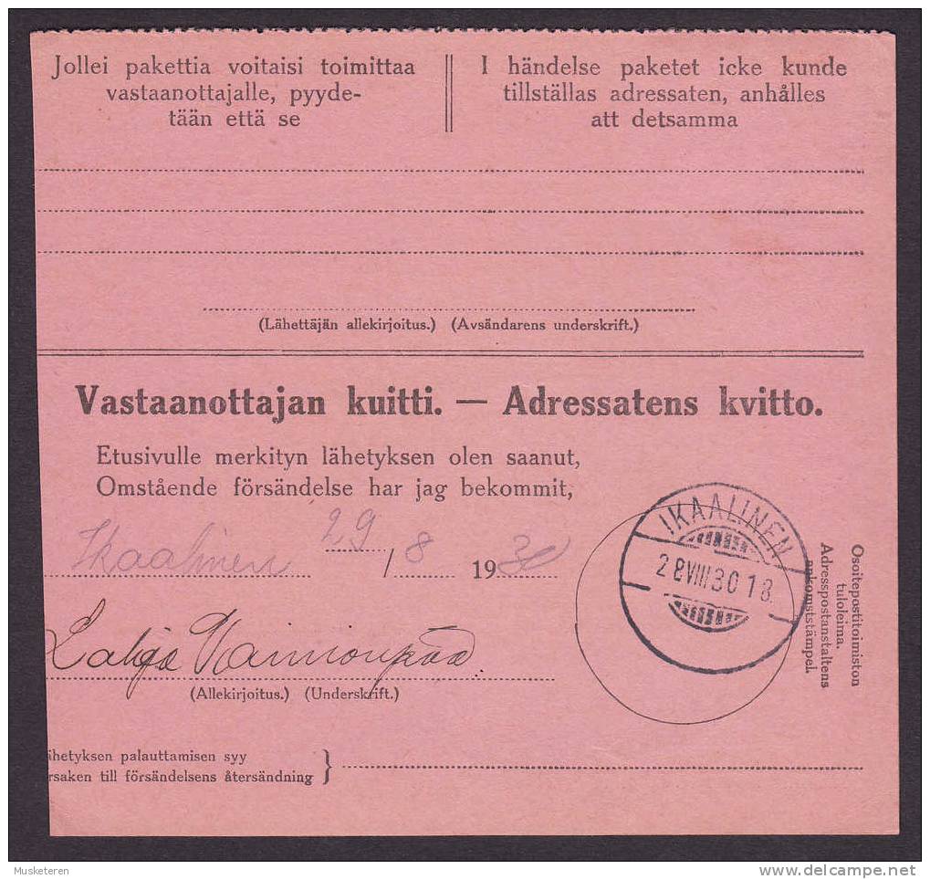 Finland Address Card Freight Bill Remboursement HELSINKI 1930 To IKAALINEN (2 Scans) - Brieven En Documenten
